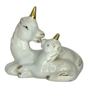 Vintage Unicorn Mama Baby Mother Child  Porcelain Ceramic Figurine White w/ Gold
